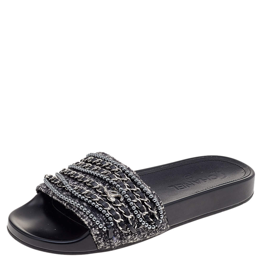 Pre Owned Chanel Grey/Black Tweed And Leather Tropiconic Chain Detail Slides Size 38