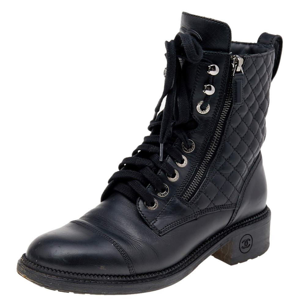 Chanel Black Quilted Leather Biker Boots Size 39