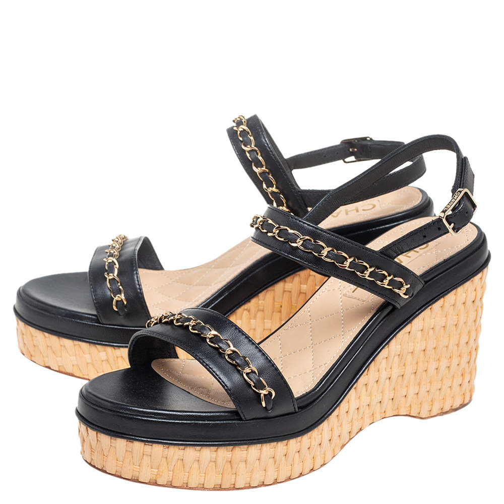 Chanel Black Leather CC Chain Link Strap Slingback Wedge Sandals