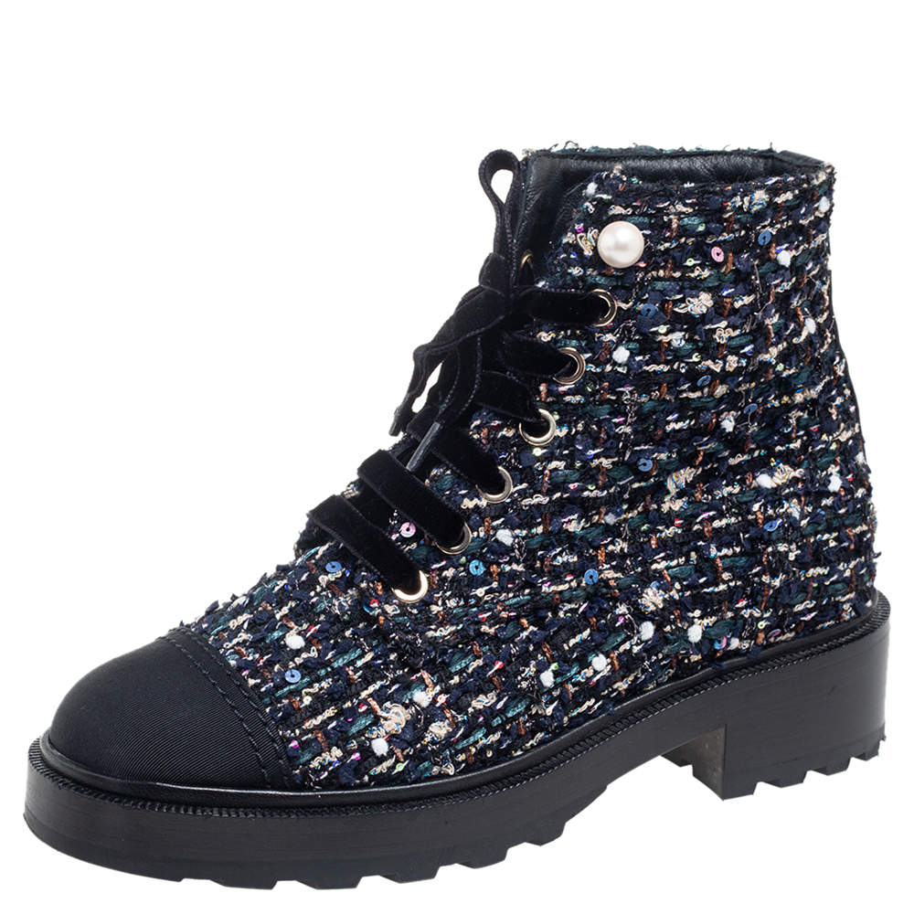 Chanel Multicolor Tweed Fabric  And Canvas Ankle Boots Size 36