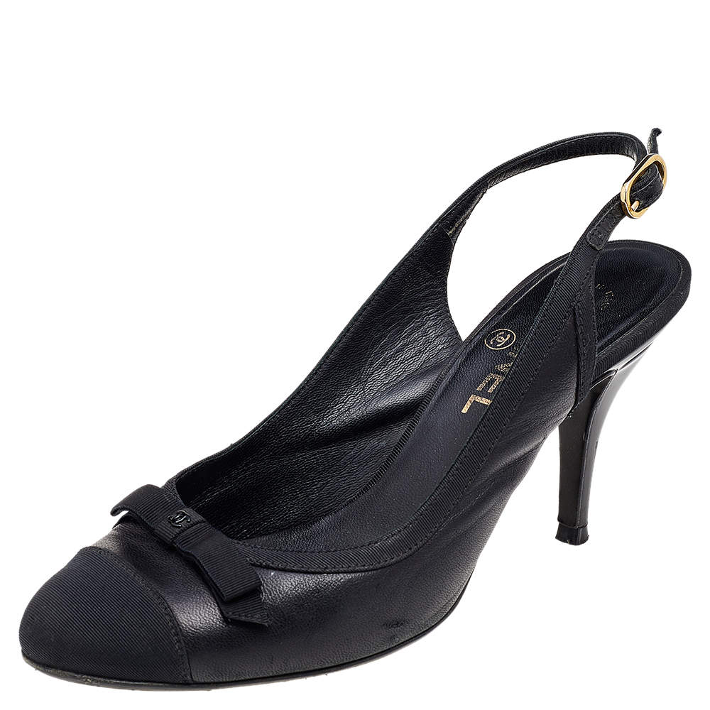 Chanel Black Leather And Fabric Cap Toe CC Bow Slingback Sandals Size 37.5