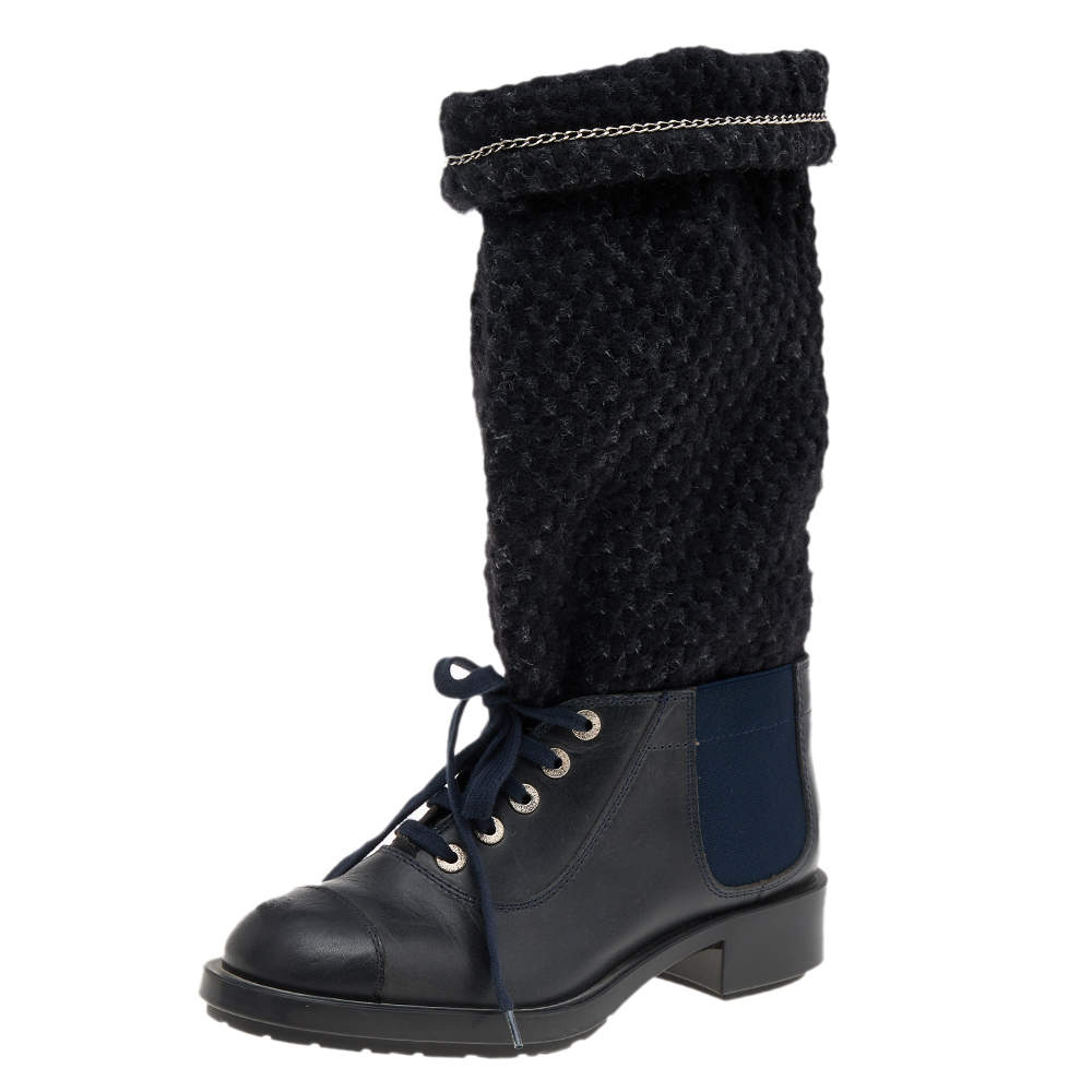 Pre Owned حذاء بوت منتصف ساق شانيل جلد وتويد أسود مقاس 38.5