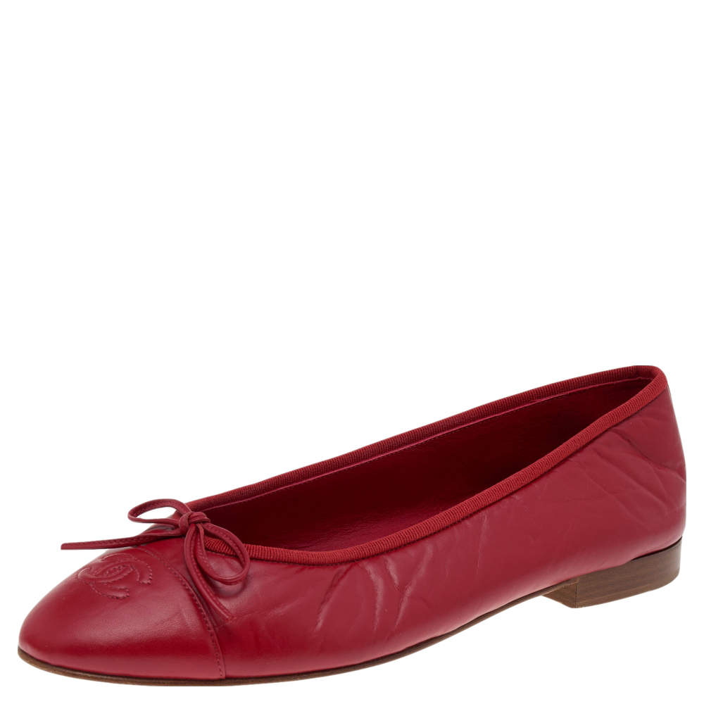 Pre Owned Chanel Red Leather CC Bow Ballet Flats Size 40.5