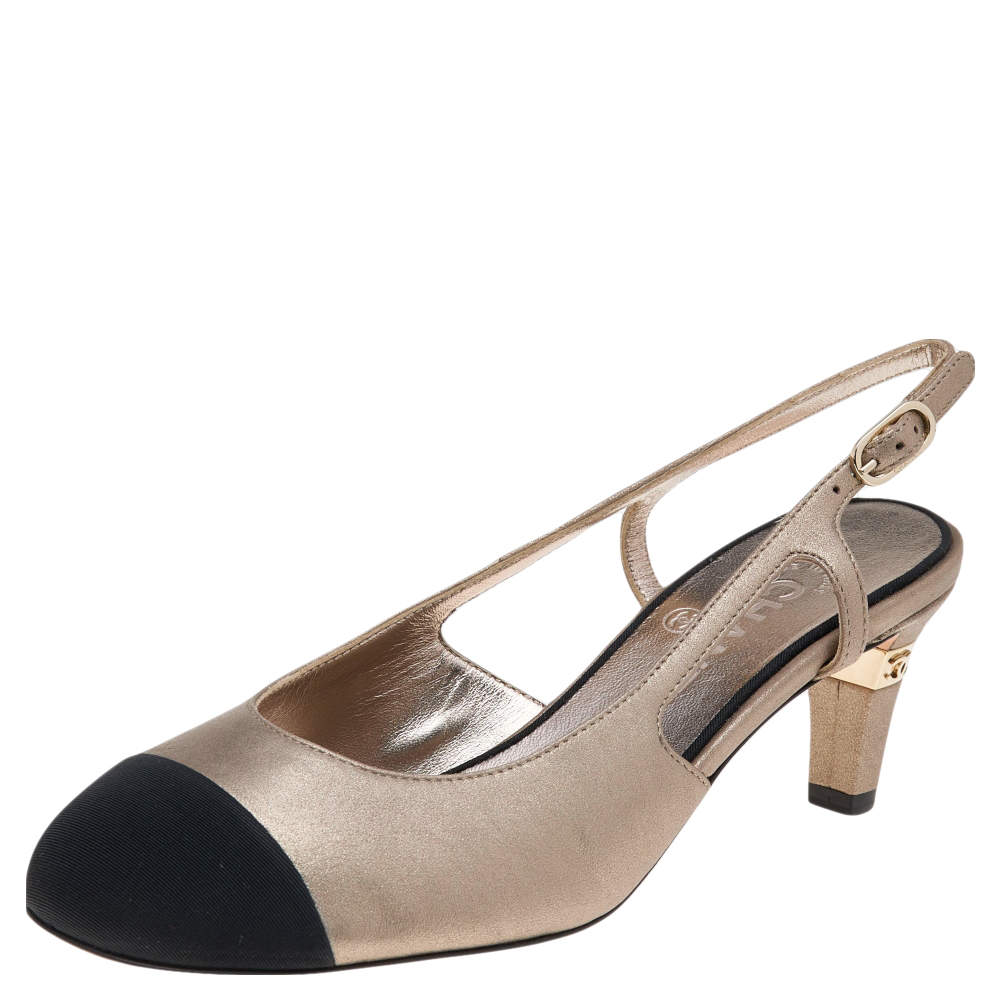 Pre Owned Chanel Metallic Gold/Black Leather and Grosgrain Cap Toe Slingback Sandals Size 39.5