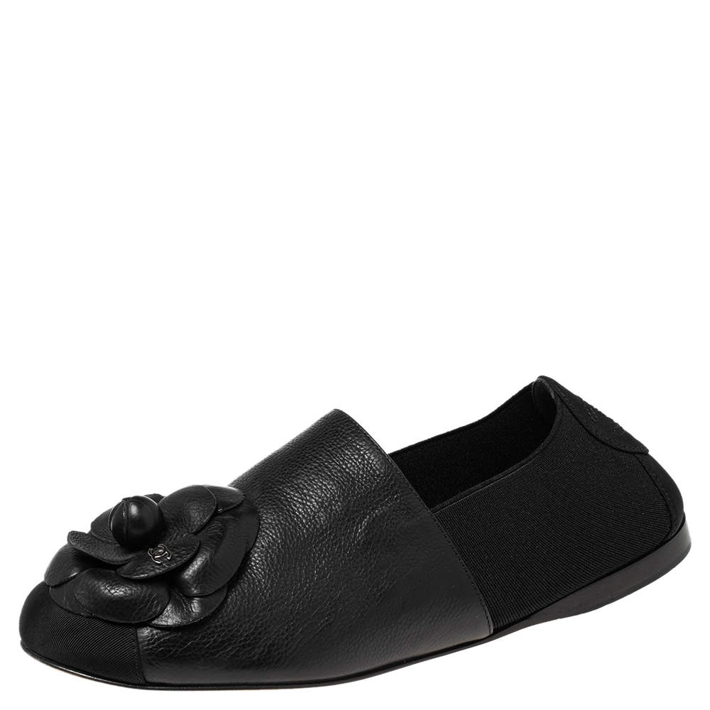 Pre Owned Chanel Black Leather, Fabric and Elastic Camellia Flats Size 37