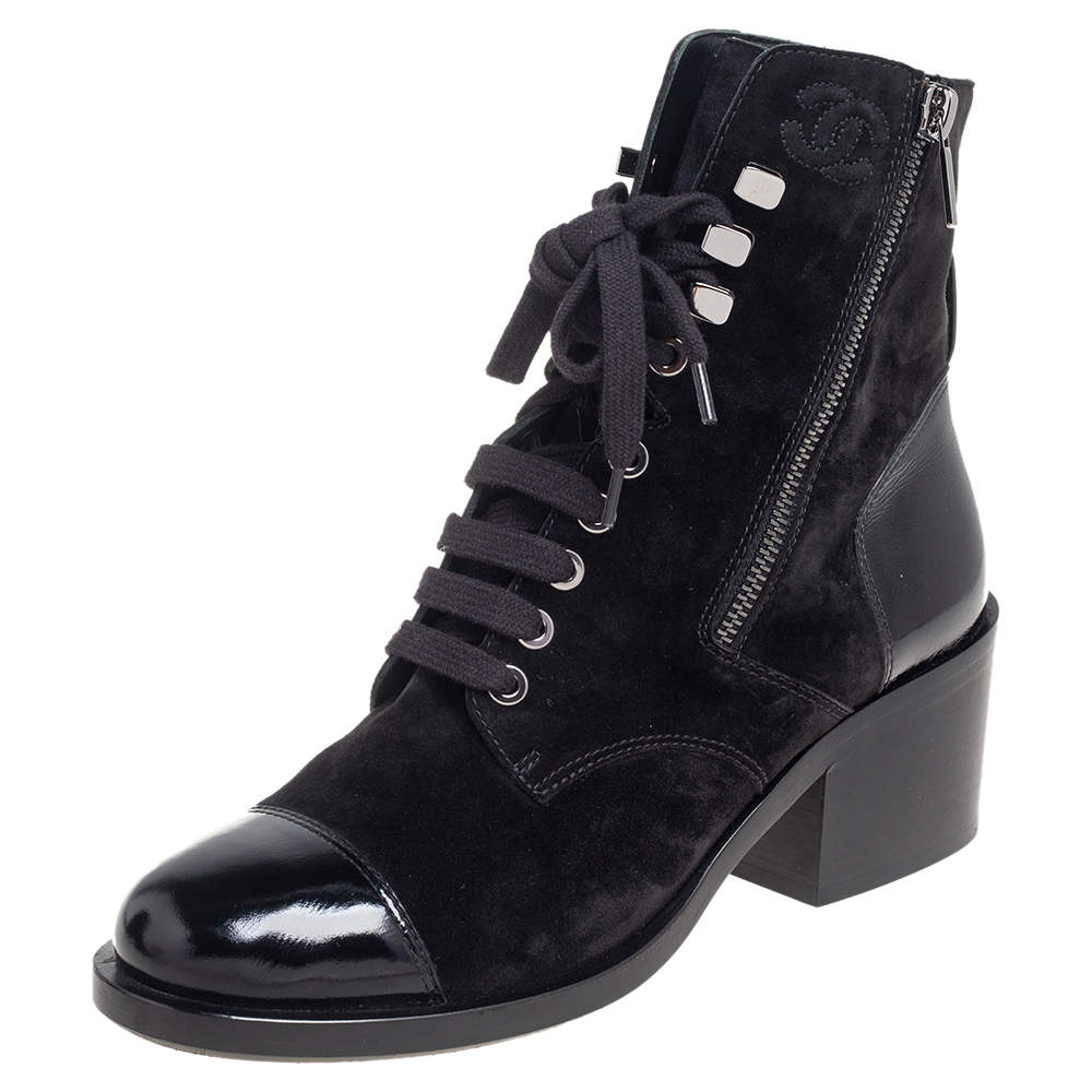 Chanel Black Suede And Leather Combat Lace Up Boots Size 38