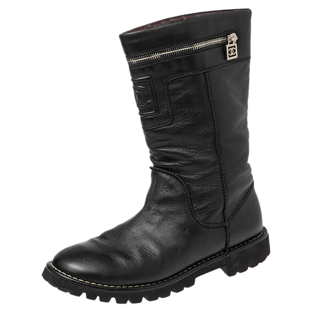 Chanel Black Leather CC Zipper Detail Moto Boots Size 39.5 