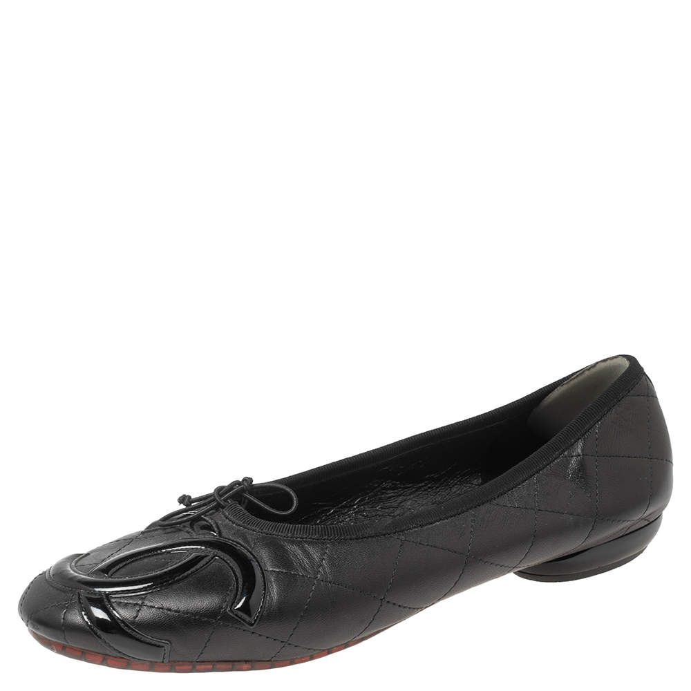 Pre Owned Chanel Black Quilted Leather And Patent CC Ligne Cambon Ballet Flats Size 40