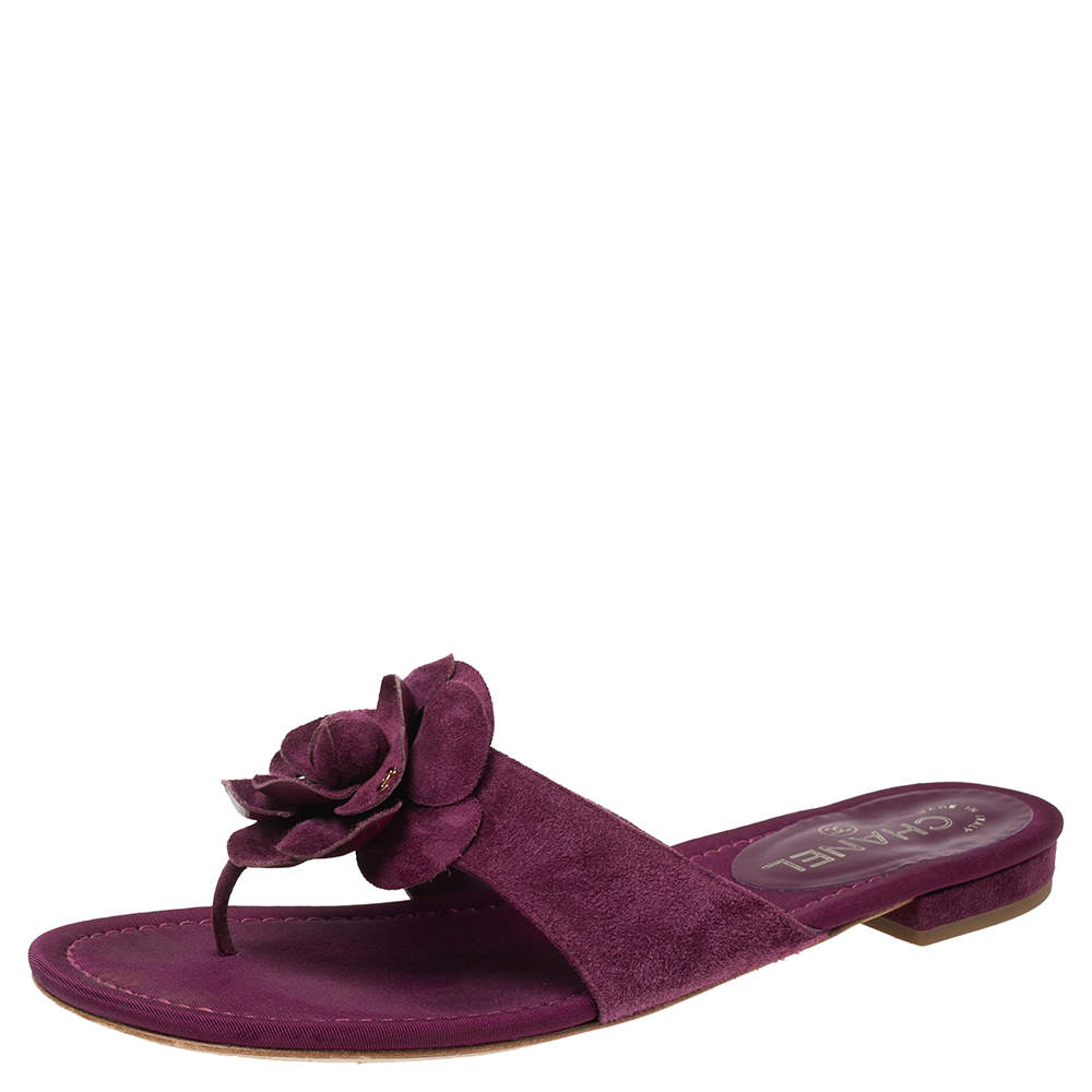 Pre Owned صندل سلايد فلات شانيل سويدي أرجواني مزين كاميليا مزخرف شعار الماركة سي سي مقاس 40