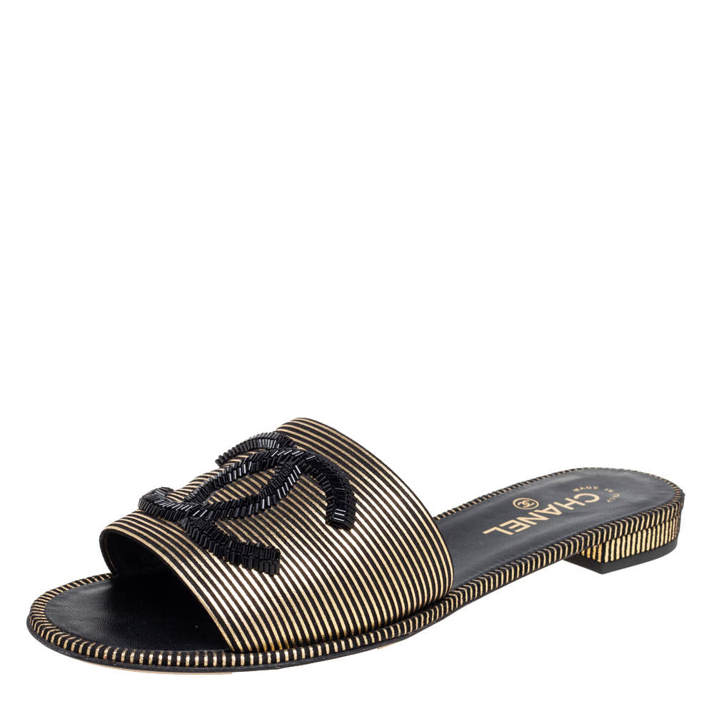 Chanel Black/Gold Leather Beaded CC Flat Slide Sandals Size  Chanel |  TLC