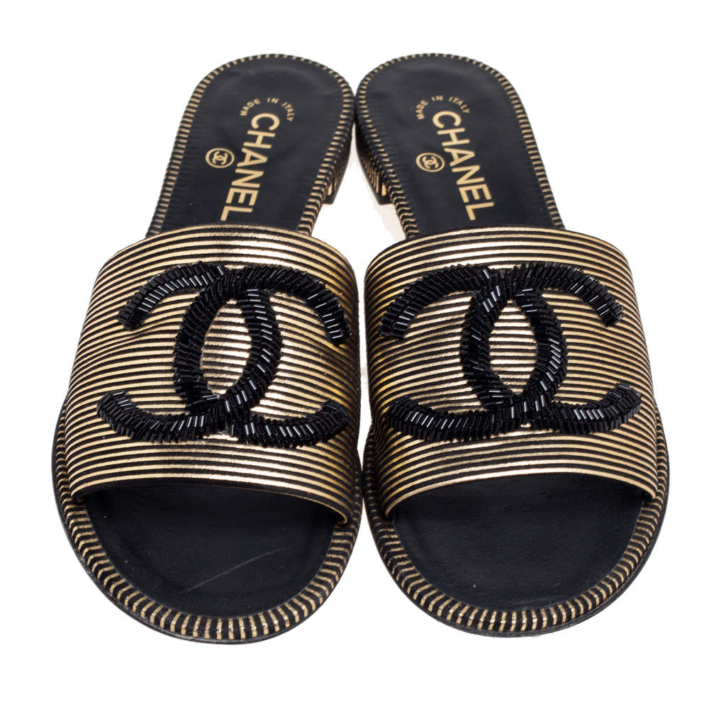 Chanel Black/Gold Leather Beaded CC Flat Slide Sandals Size  Chanel |  TLC