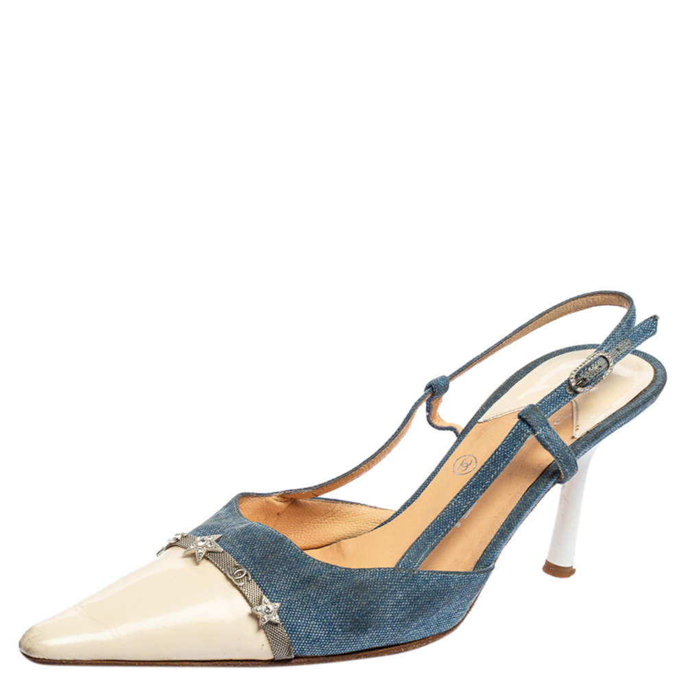 Pre Owned Chanel Blue/Cream Denim And Leather Crystal Embellished Pointed Toe Slingback Sandals Size 38