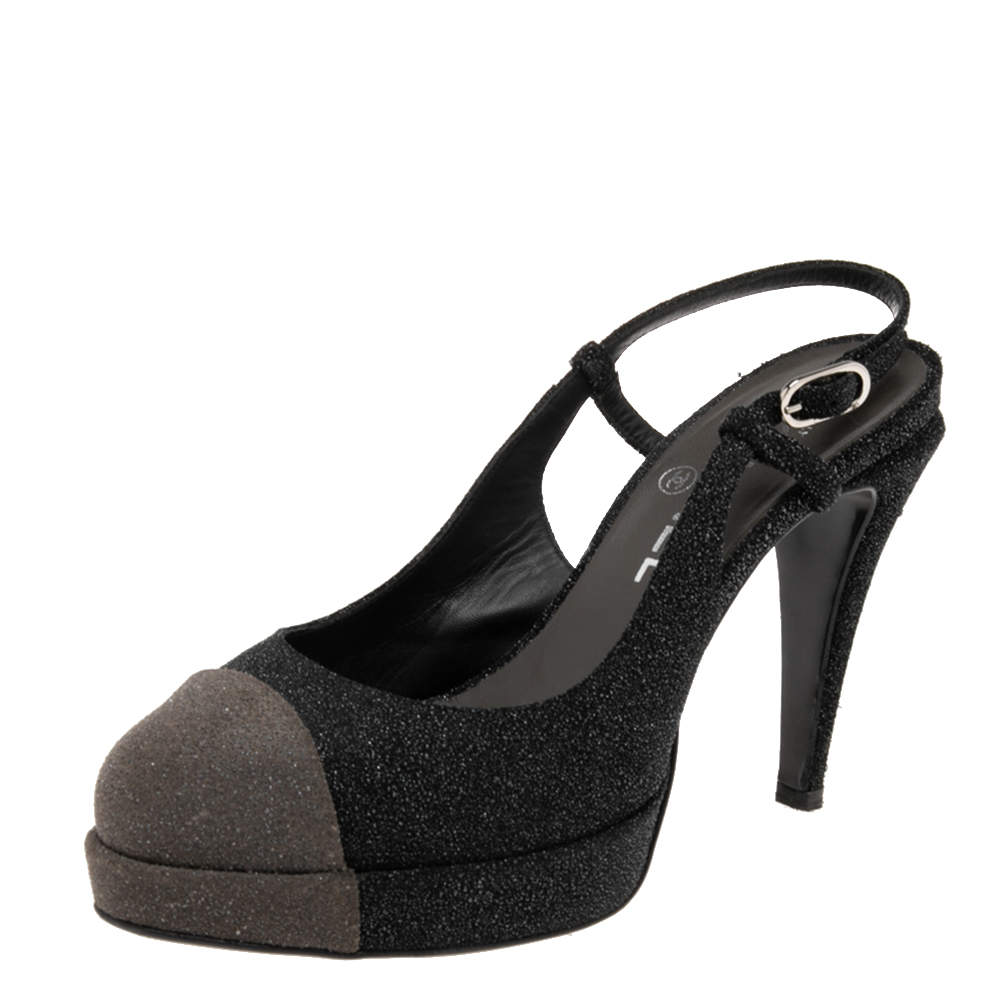 Pre Owned Chanel Black/Grey Glitter Cap Toe Slingback Platform Sandals Size 38