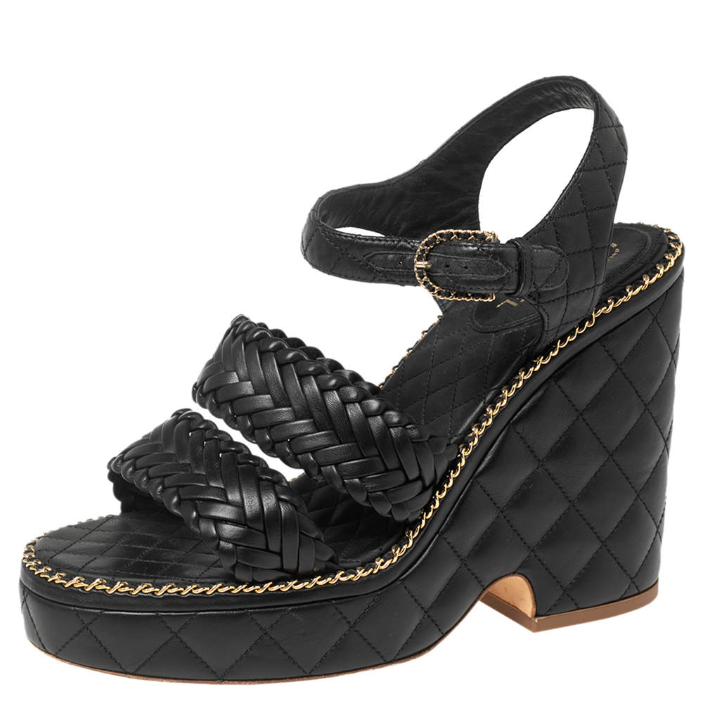 مملوكة مسبقًا Chanel Black Quilted and Braided Leather Straps Wedge Platform Sandals Size 38.5
