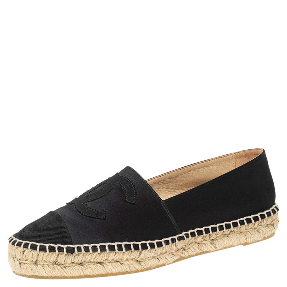 Pre Owned Chanel Black Satin and Fabric CC Flat Espadrilles Size 38