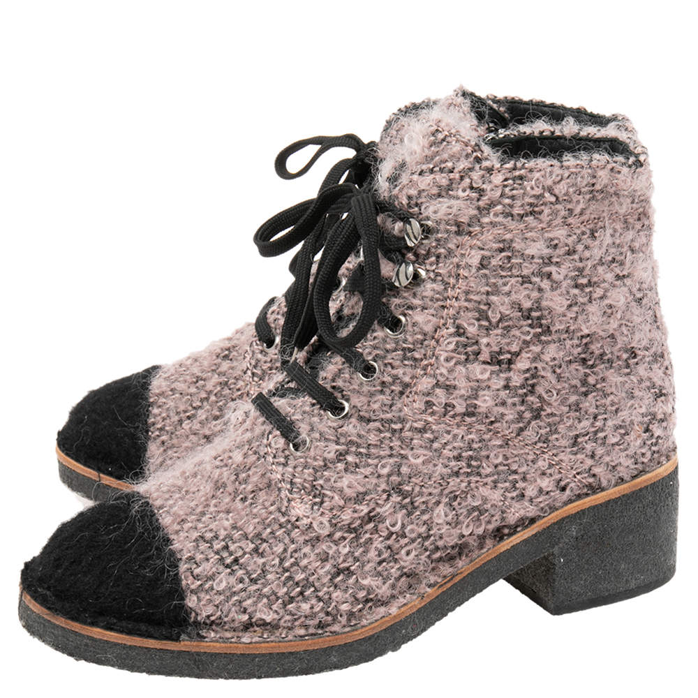 Chanel Pink/Black Tweed Fabric Fantasy Lace-Up Ankle Boots Size 38 Chanel |  TLC