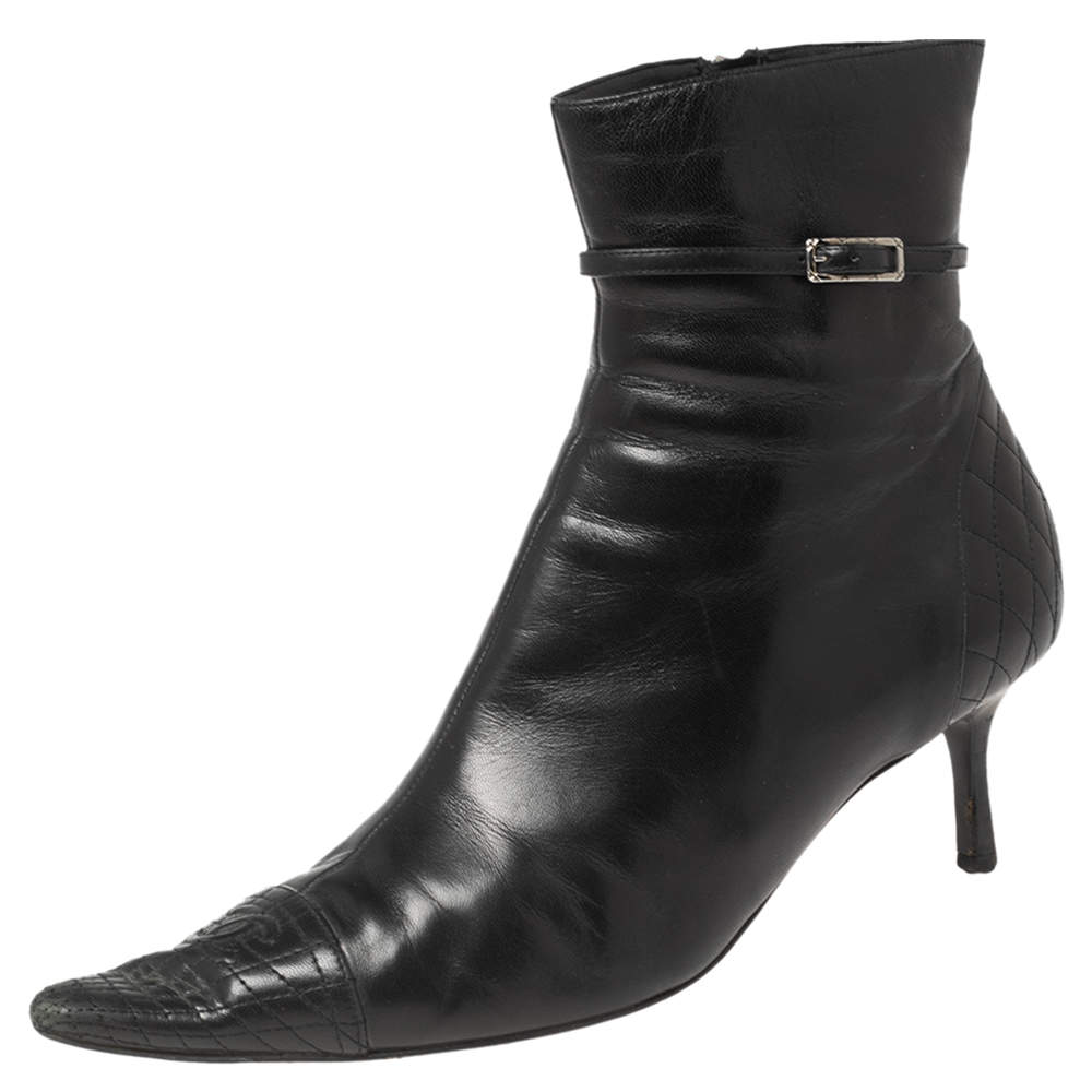 Chanel Black Leather and Quilted CC Pointed-Toe Ankle Boots Size 40