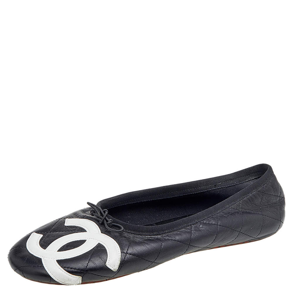Pre Owned Chanel Black Quilted Leather CC Bow Flats Size 42