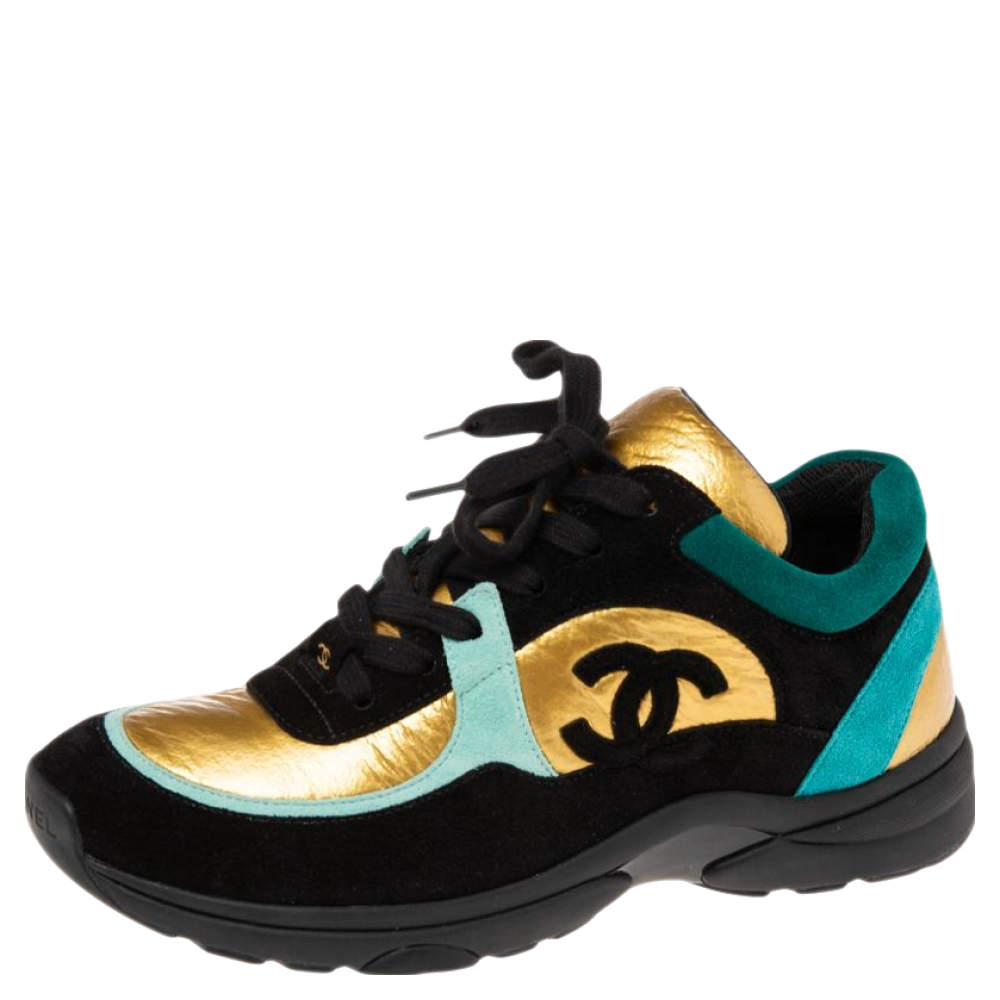 Pre Owned Chanel Multicolor Leather and Suede CC Sneakers Size 37