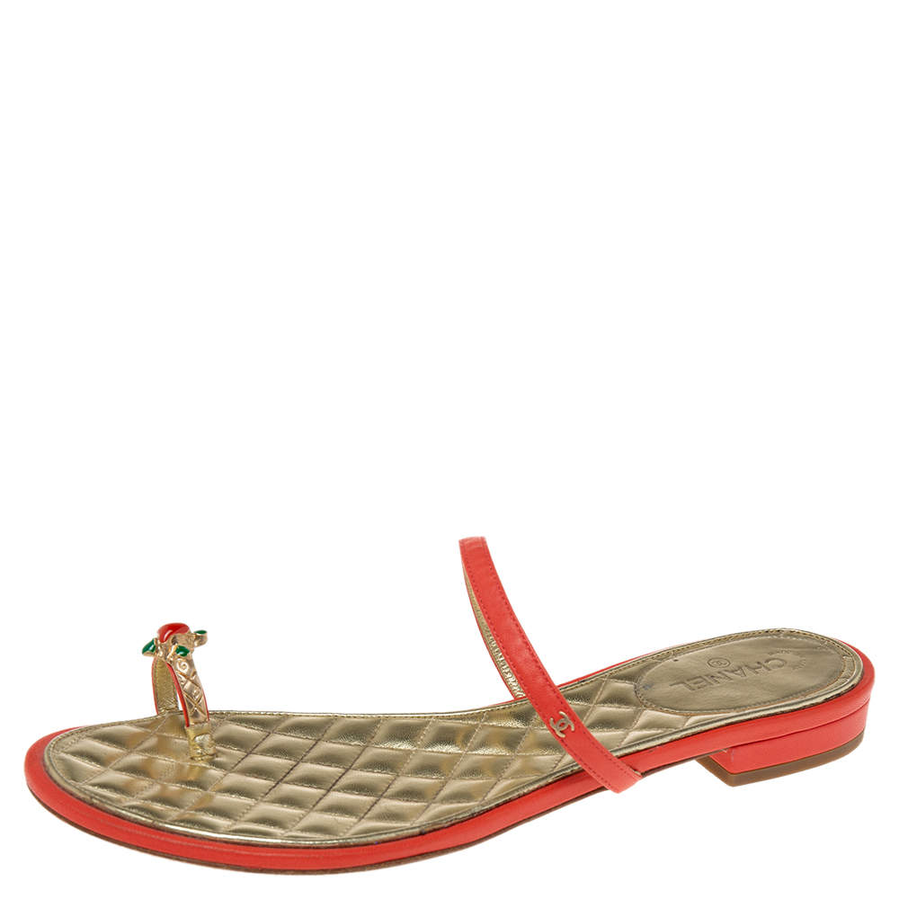 Chanel Red Leather Enamel Embellished Toe Ring Flat Sandals Size 39