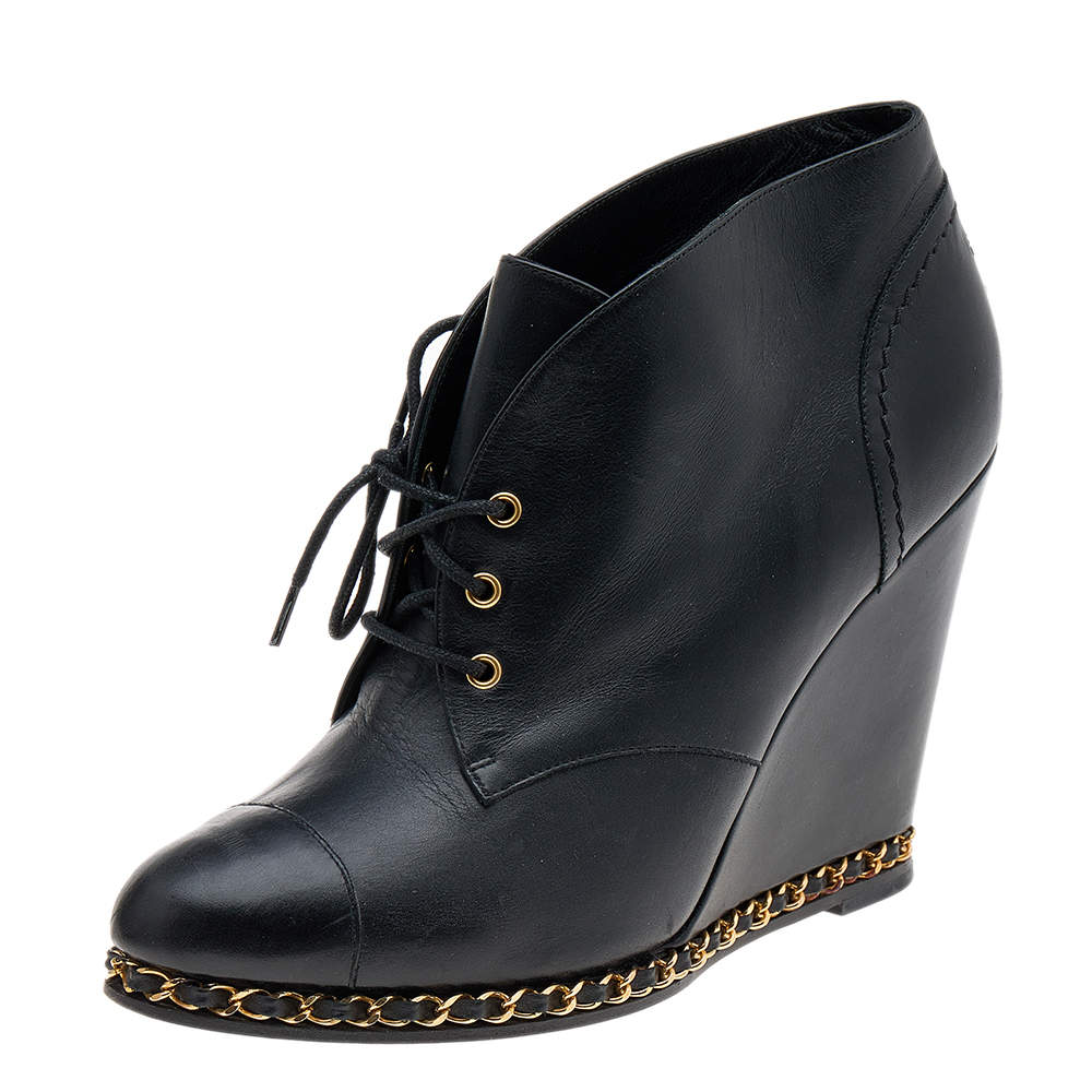 Chanel Black Leather CC Chain Wedge Ankle Length Boots Size 39.5