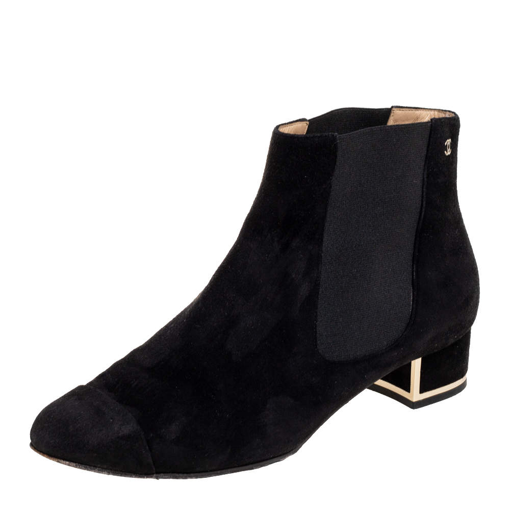 Chanel Black Suede And Elastic Fabric Ankle Boots Size 38.5