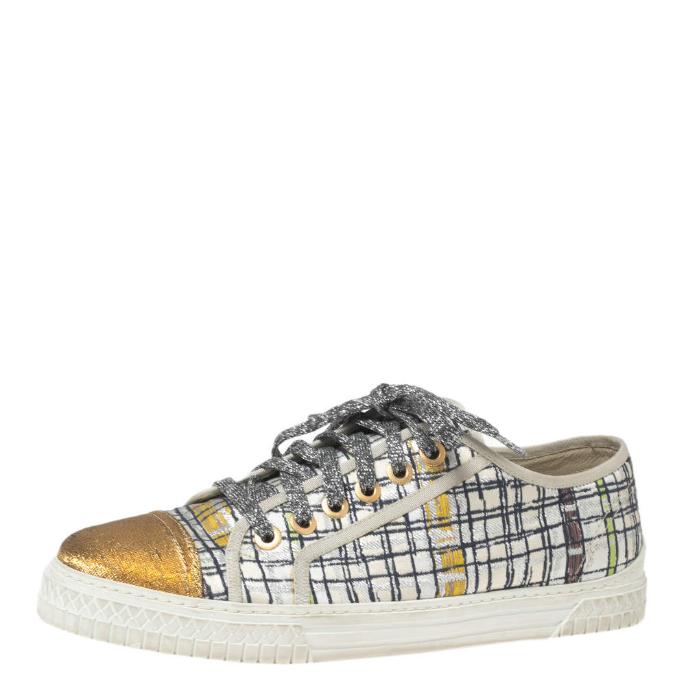 Chanel White Printed Fabric and Gold Lurex Cap Toe Low-Top Sneakers Size 41