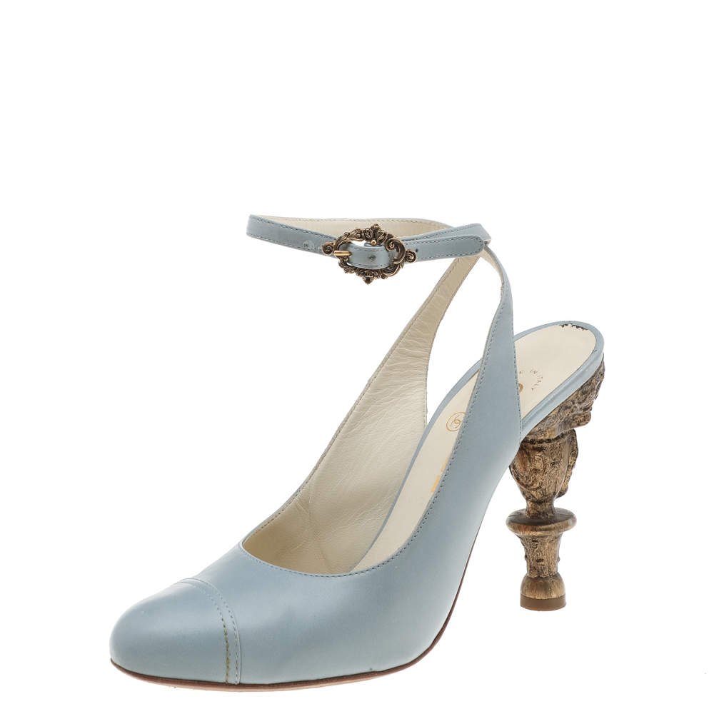Pre Owned Chanel Light Blue Leather Cap Toe Baroque Heel Ankle Strap Sandals Size 38.5