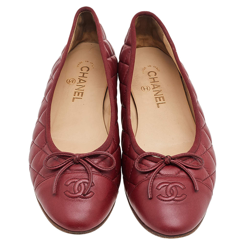 Chanel Dark Red Quilted Leather CC Bow Ballet Flats Size 41 Chanel
