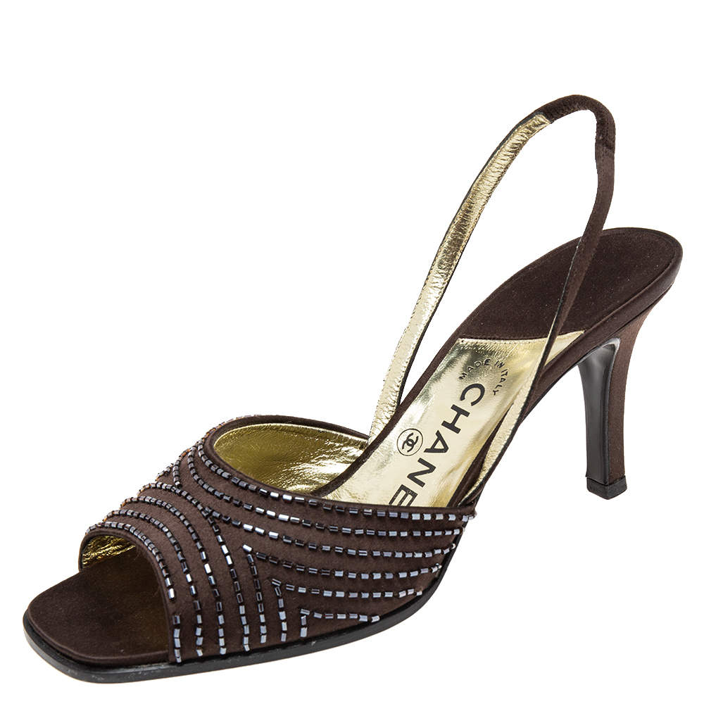 Pre Owned Chanel Brown Satin Slingback Sandals Size 38