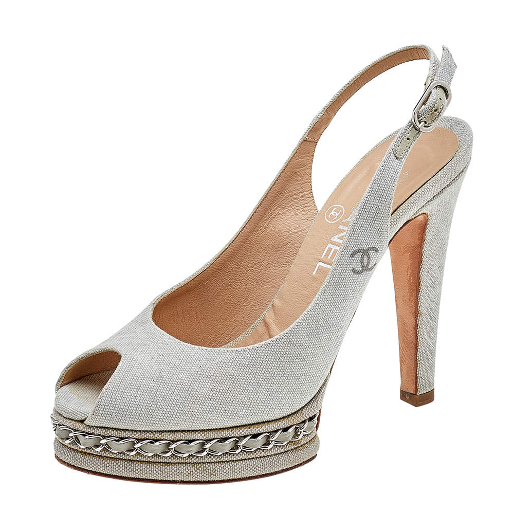 Pre Owned Chanel Grey Canvas Peep Toe Slingback Platform Sandals Size 37