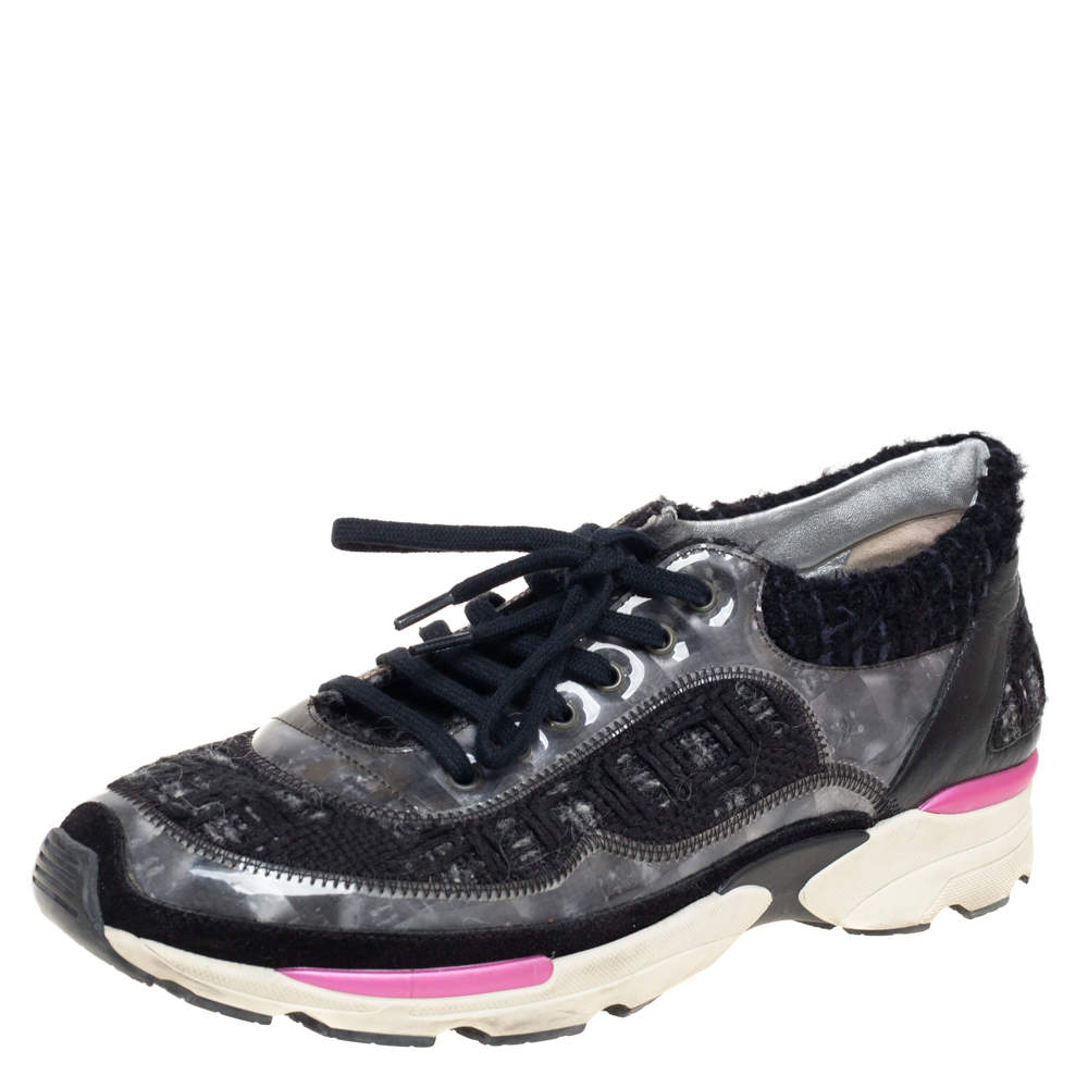 Pre Owned Chanel Black/Pink Tweed And PVC  CC Low Top  Sneakers Size 39