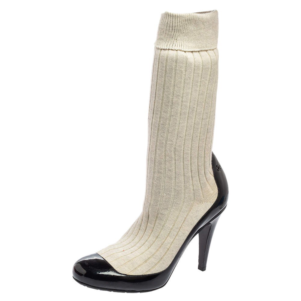 Chanel Black/Off White Patent Leather And Sock Knee Boots Size 39.5
