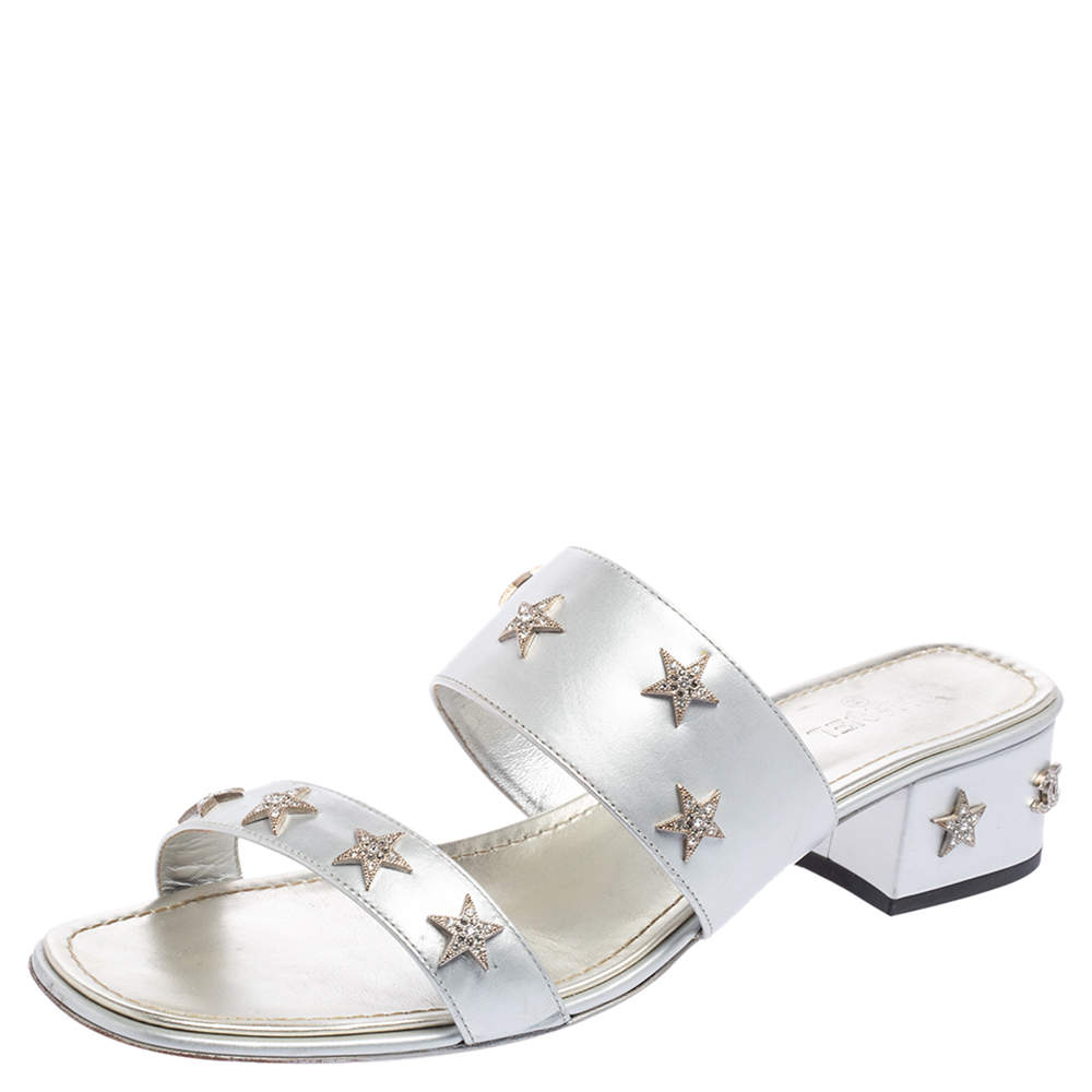 Chanel Silver Leather Embellished Slide Sandals Size 41