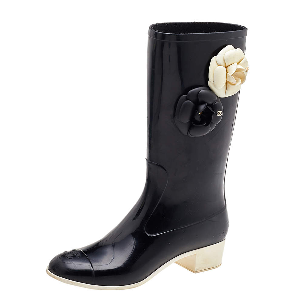 Chanel Black Rubber Camellia Embellished CC Rain Boots Size 39