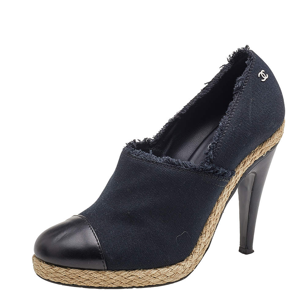 Chanel Black Canvas and Leather Cap Toe Espadrille Booties Size 41