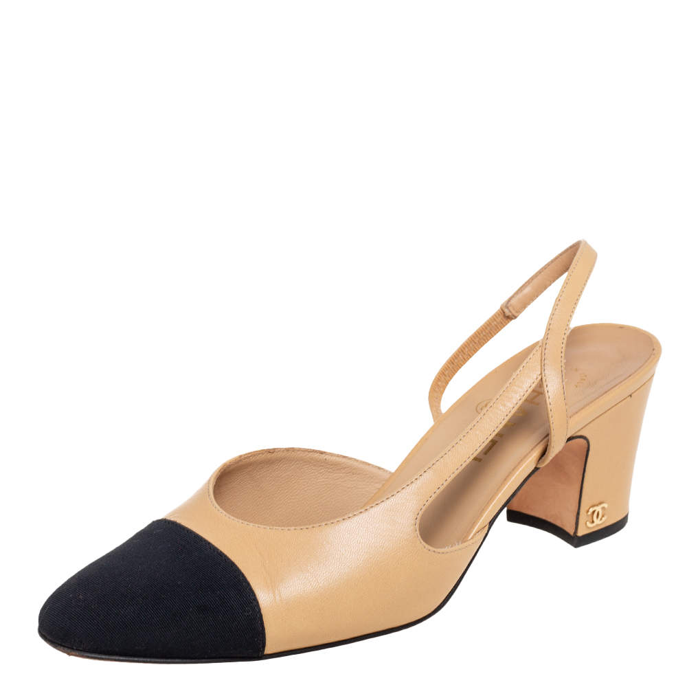 Pre Owned Chanel Beige/Black Leather And Canvas Slingback Sandals Size 38.5