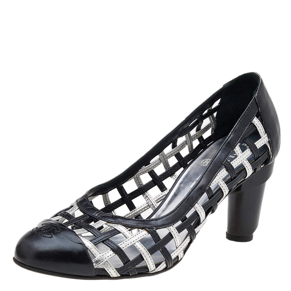 Pre Owned Chanel Black/Silver Woven Leather Block Heel Pumps Size 38.5