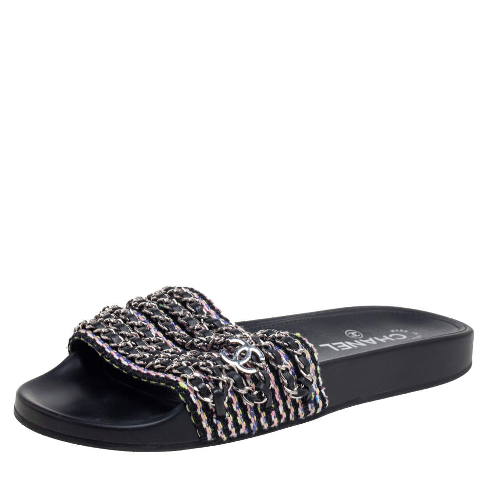 Pre Owned Chanel Black Tweed Tropiconic Chain Flat Slides Size 39