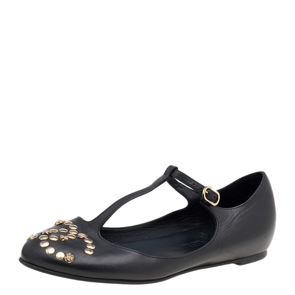 Pre Owned Chanel Black Leather CC Embellished T Strap Ballet Flats Size 35.5