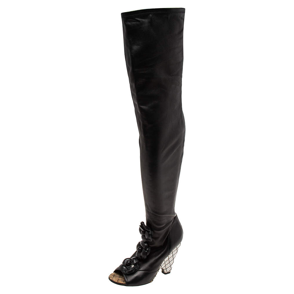 Chanel Black Leather Camellia Wedge Over The Knee Boots Size 38.5