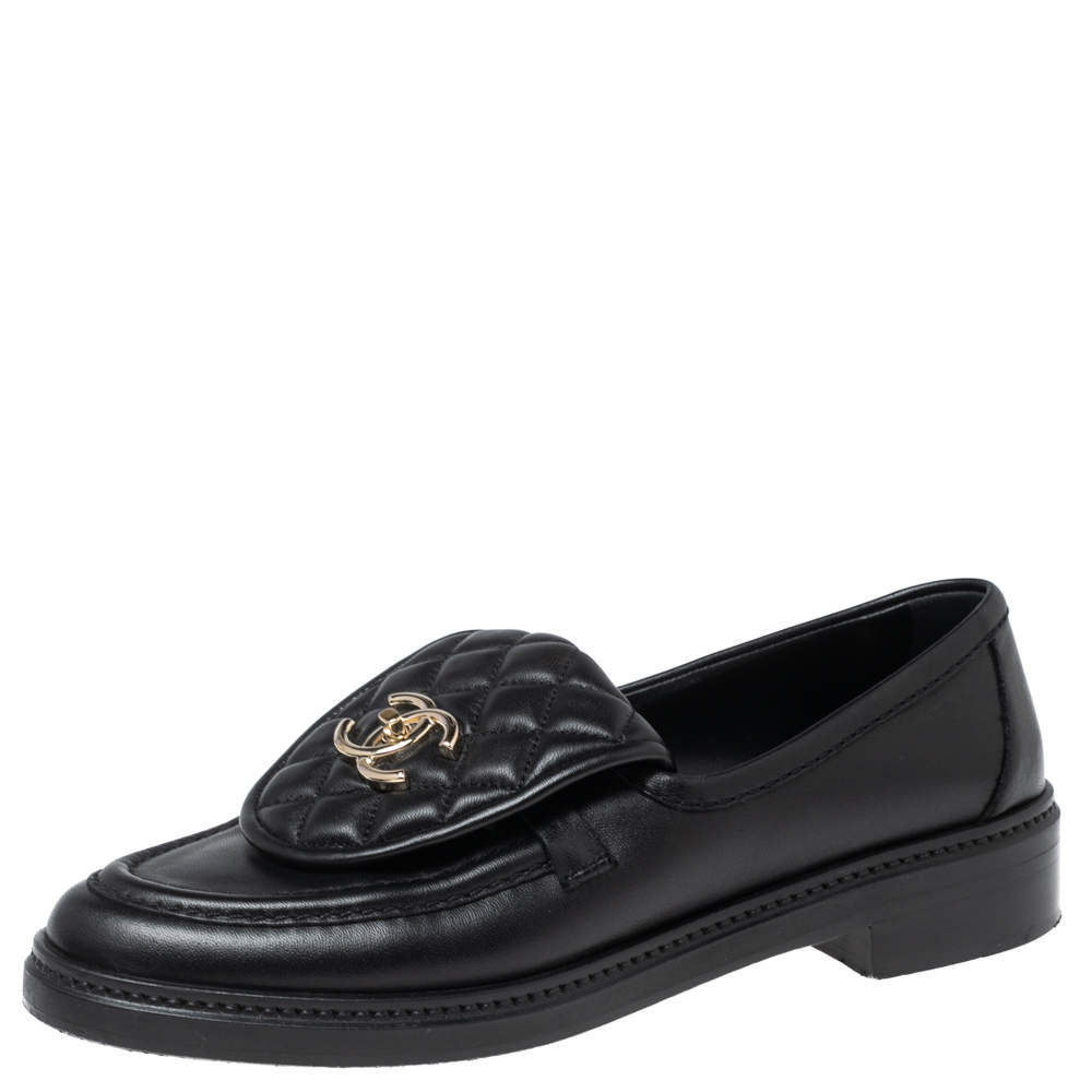 مملوكة مسبقًا Chanel Black Leather and Quilted Flap Turn Lock CC Loafers Size 38
