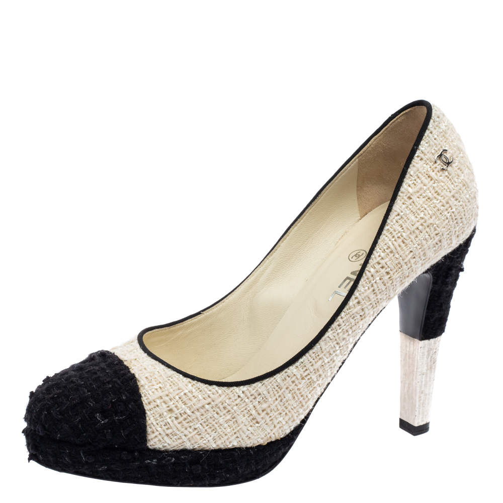 مملوكة مسبقًا حذاء كعب عالي شانيل سي سي تويد أبيض/أسود نعل سميك مقاس 39.5