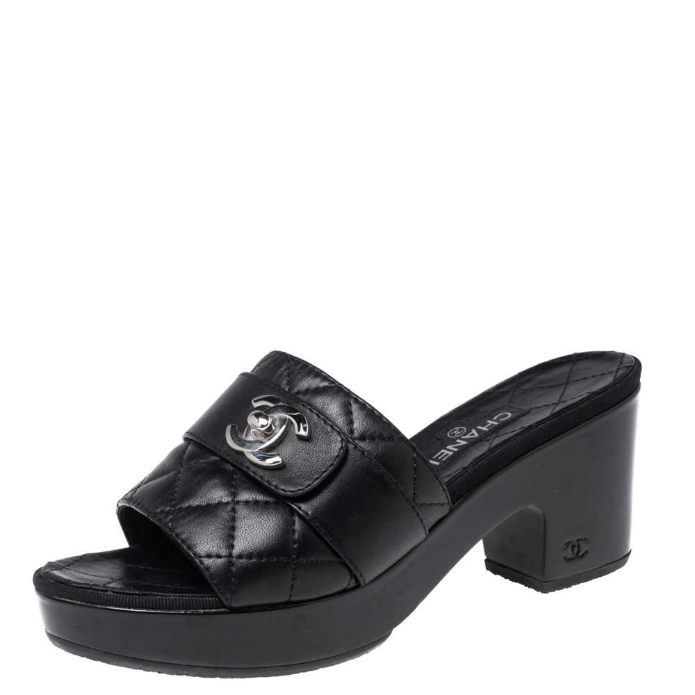 Chanel Black Quilted Leather CC Turn Lock Platform Slide Sandals Size 37