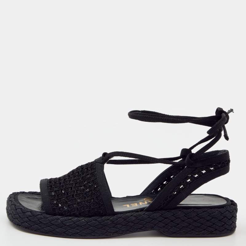 Pre Owned Chanel Black Crochet And Fabric Flat Espadrille Ankle Tie Sandals Size 36