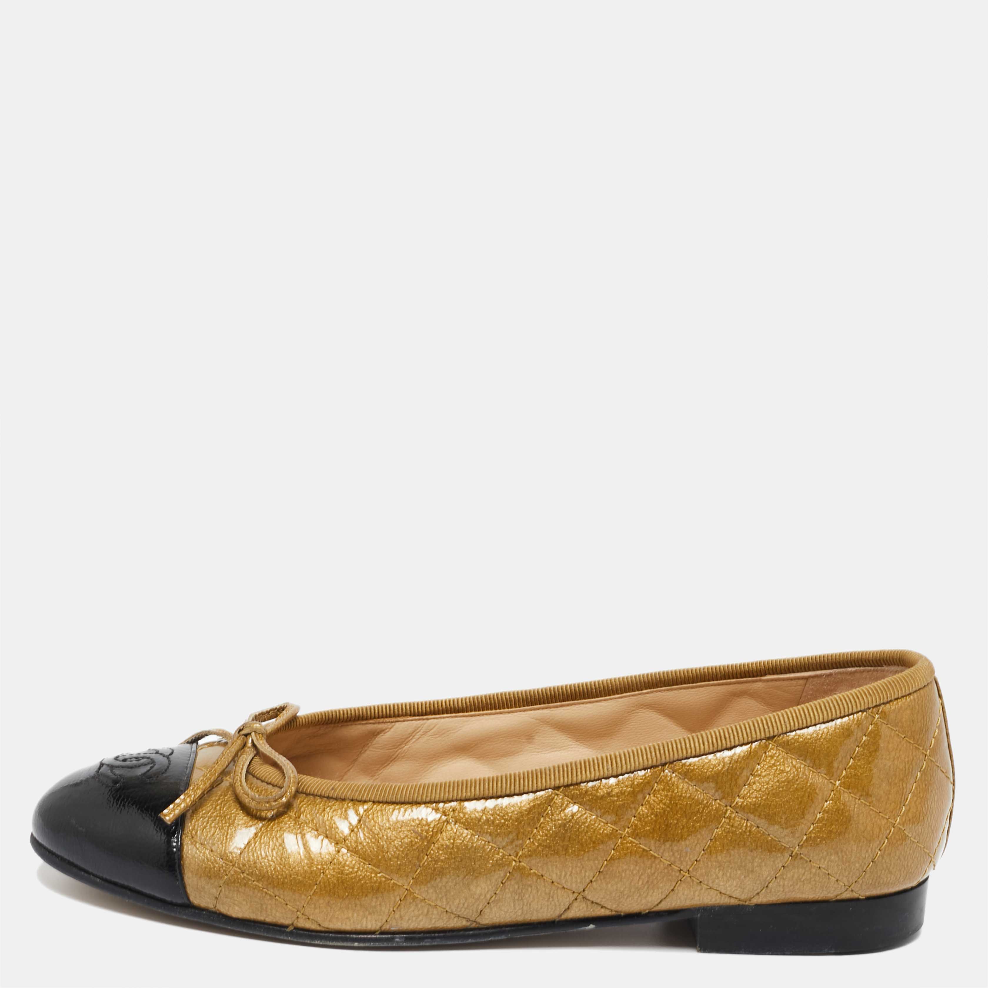 Chanel Black/Gold Quilted Patent CC Bow Ballet Flats Size 36.5 Chanel