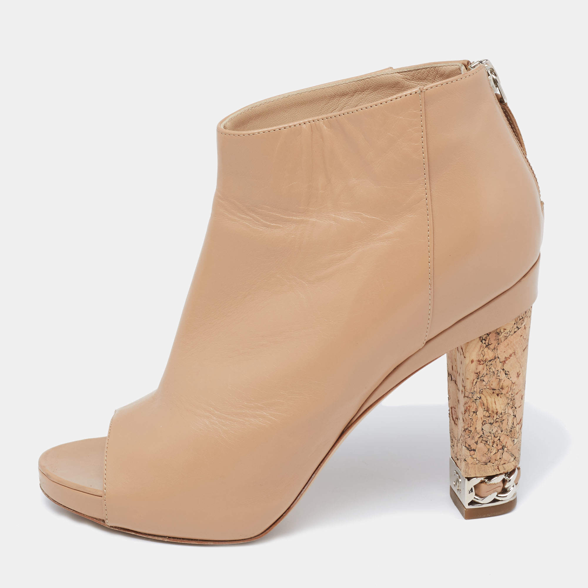Chanel Beige Leather Chain Embellished Cork Heel Booties Size 37