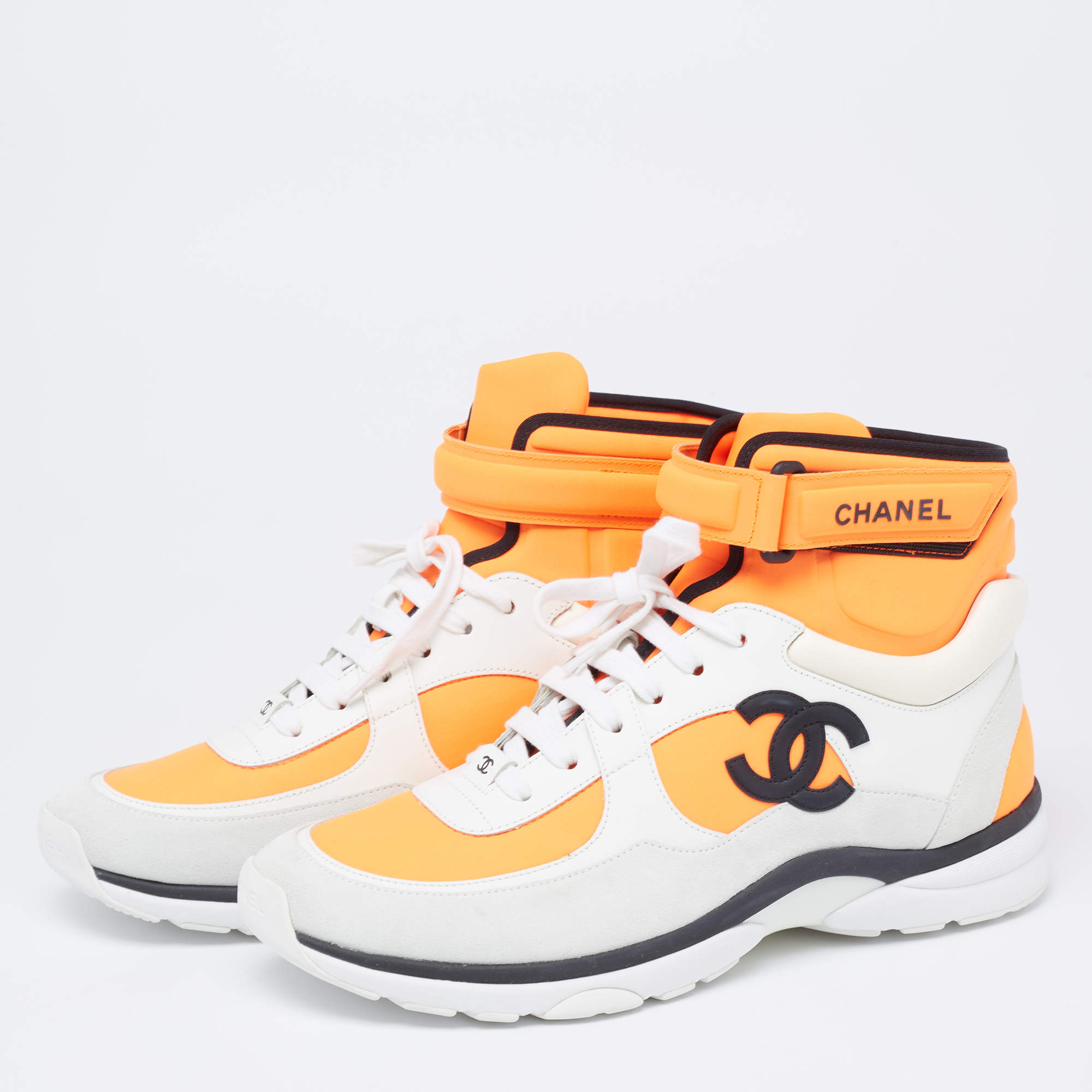 Chanel Orange/Grey Suede And Leather CC High Top Sneakers Size 42