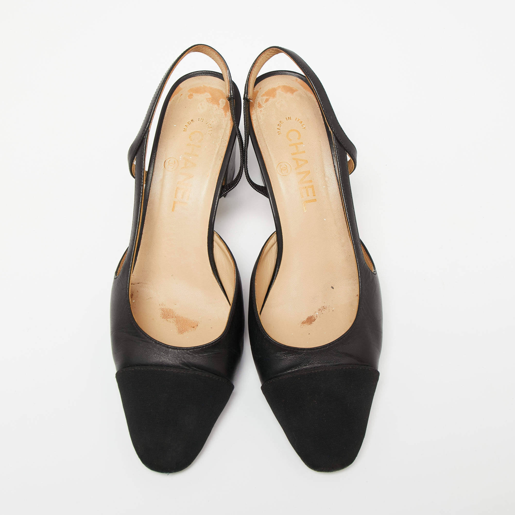 Chanel Black Leather and Fabric Cap-Toe D'orsay Slingback