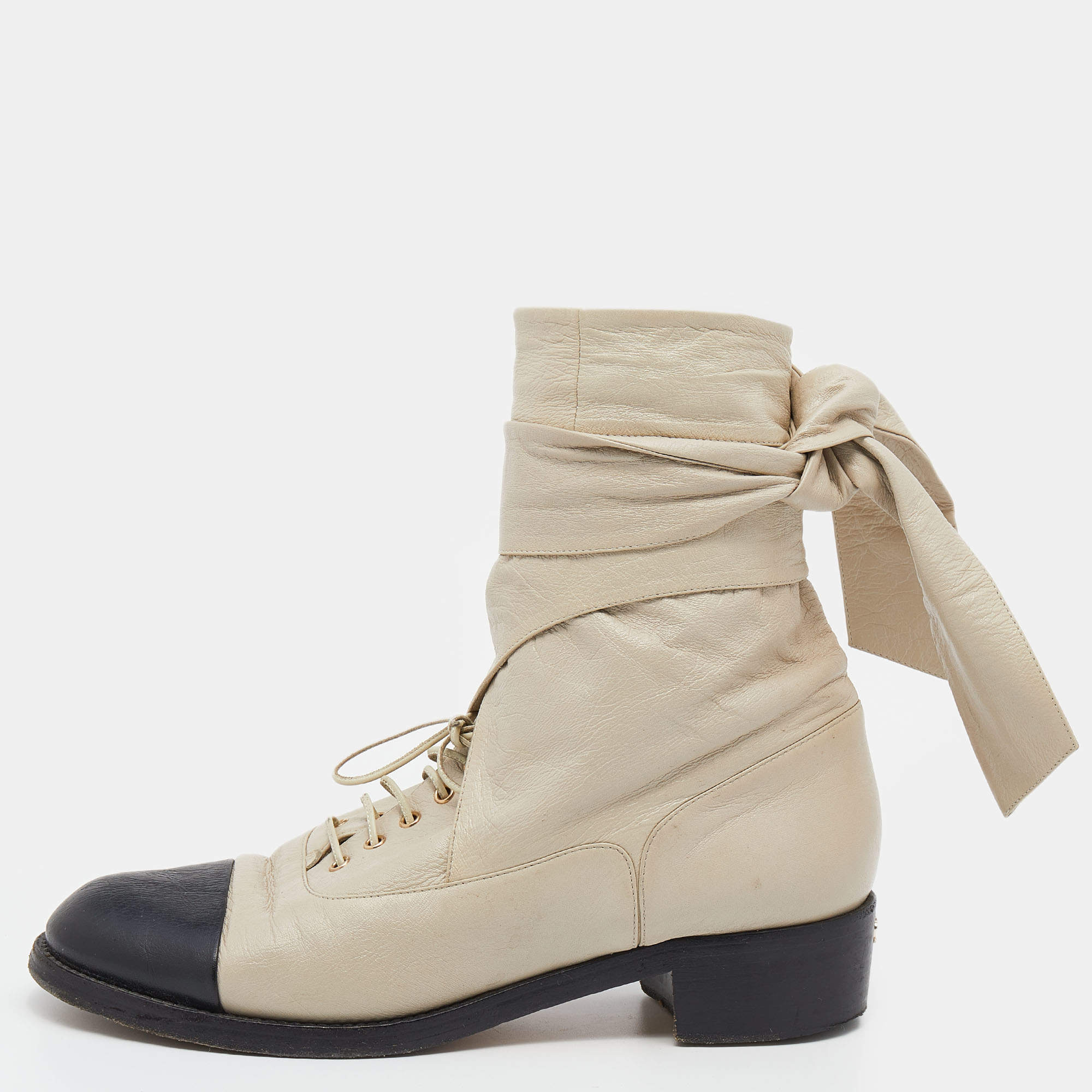Chanel Grey/Black Leather CC Ankle Wrap Ankle Boots Size 39.5